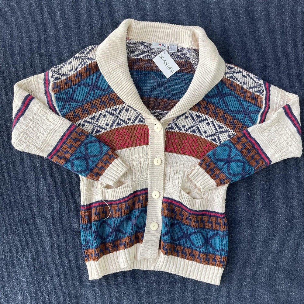 Vintage French Navy Sweater Mens Medium Cream Blue Geometric Shawl‎ Cardigan 90s